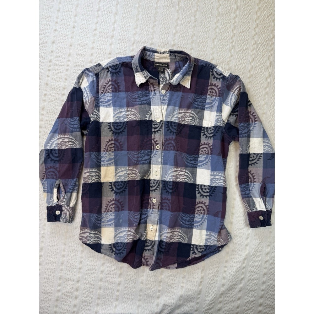 Boho Plaid Paisley Button Down Textured Shirt XL Angelique
